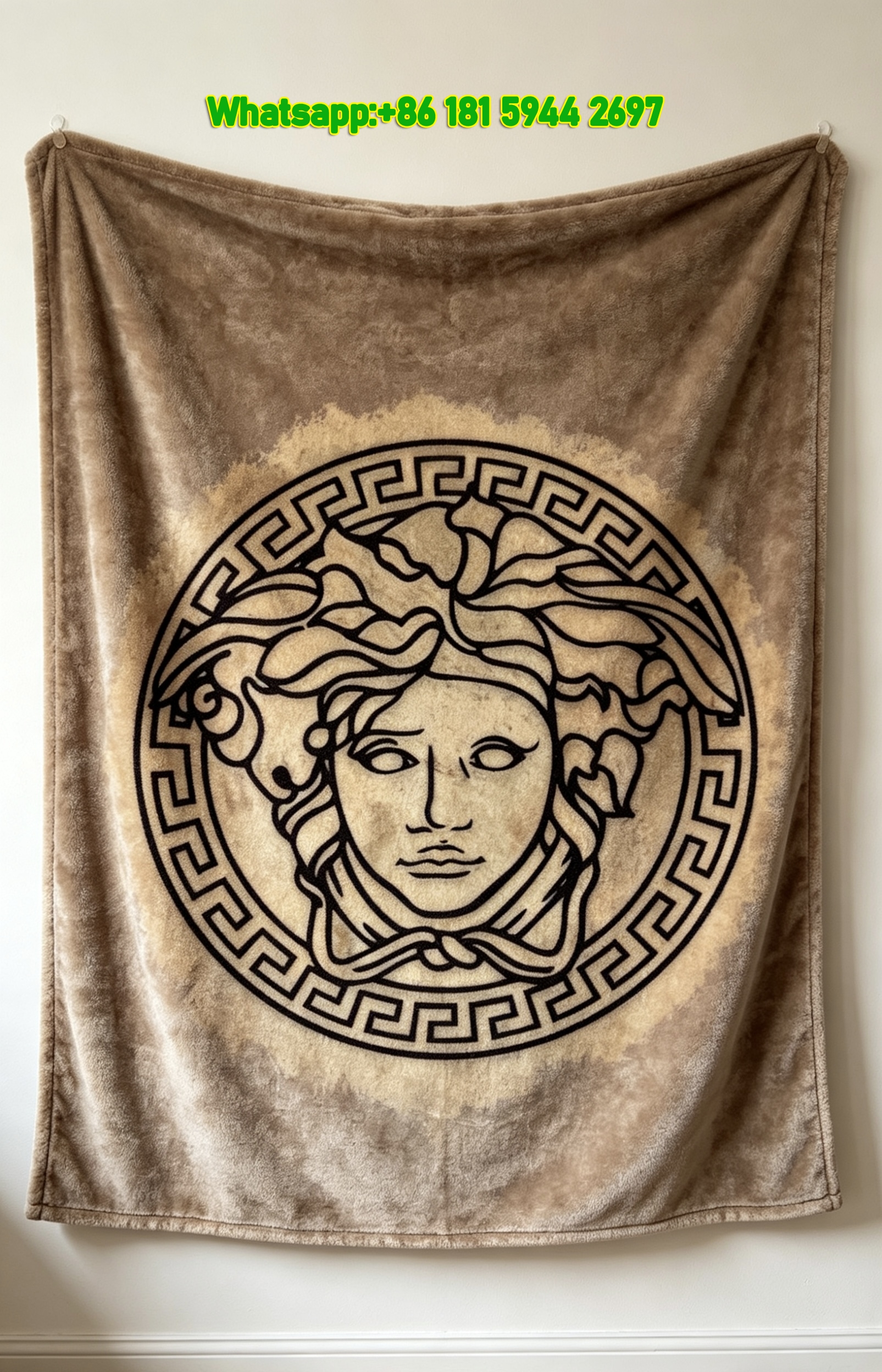 Vintage Gray Versace Medusa Logo Print Flannel Throw Blanket IMG_1393